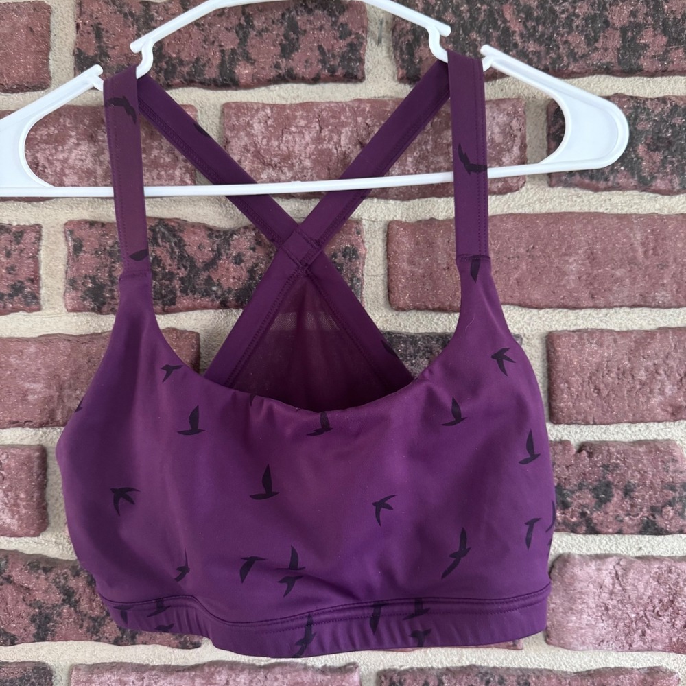 Oiselle Purple Bird Print Crossback Mesh Panel Sports Bra Womens Workout Fitness